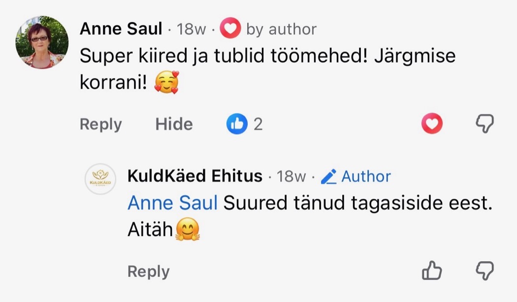 Anne Saul arvustus Facebookis: Super kiired ja tublid töömehed! Järgmise korrani!