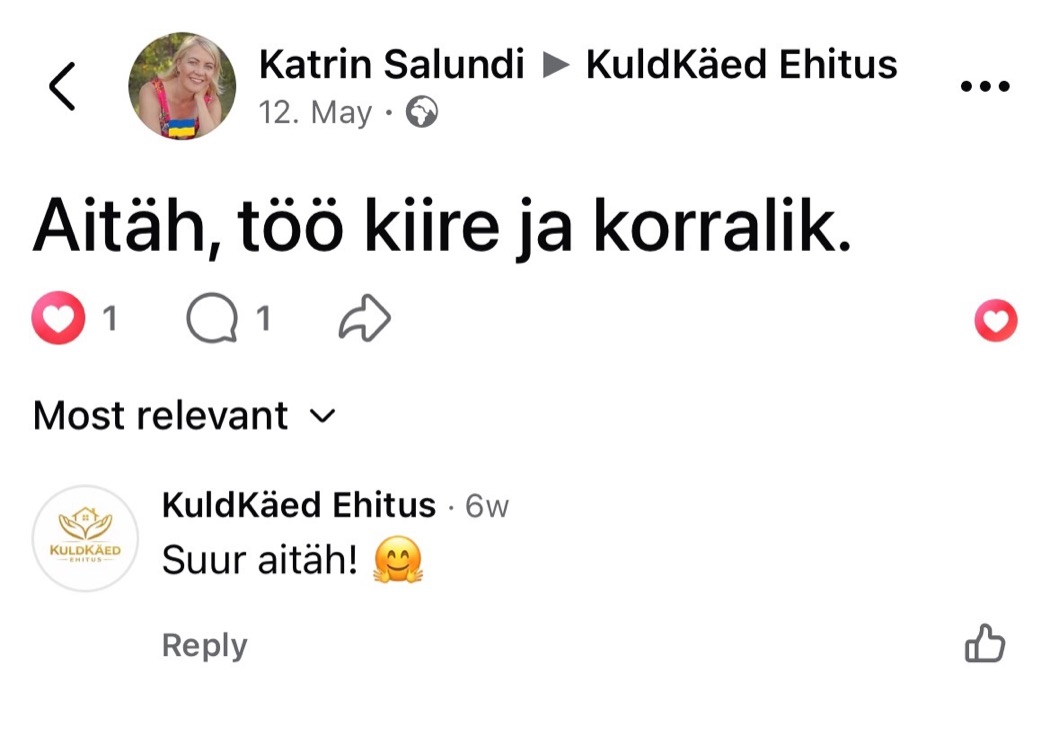 Katrin Salundi arvustus Facebookis: Aitäh, töö kiire ja korralik.